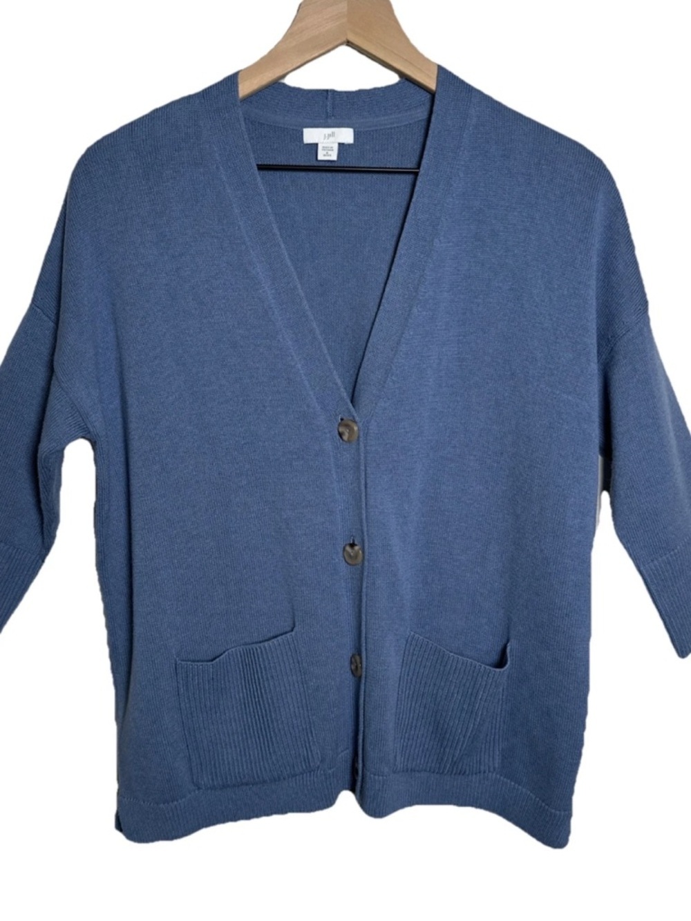 J. Jill Women Small Petite Blue Button Cardigan Sweater Pockets Knit 3/4 Sleeve